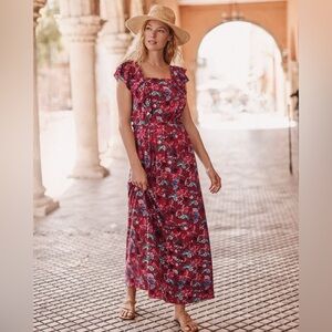 Garnet Hill Red Floral Ruffle Sleeve Maxi Dress